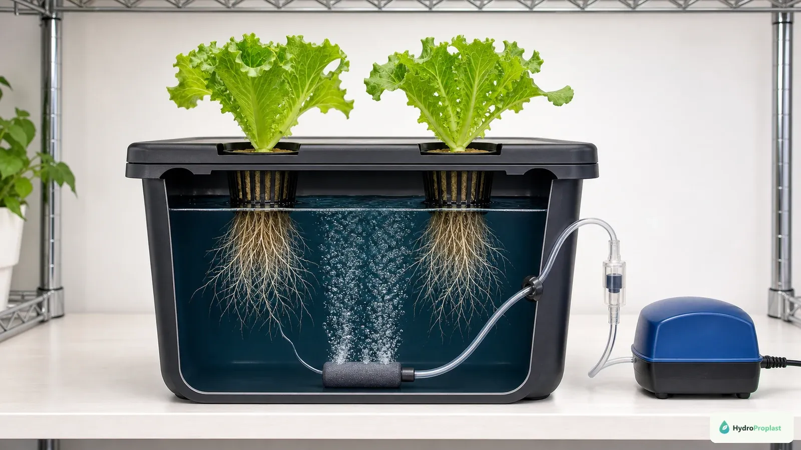 Multi-plant DWC tote growing healthy lettuce heads with even spacing and active aeration.