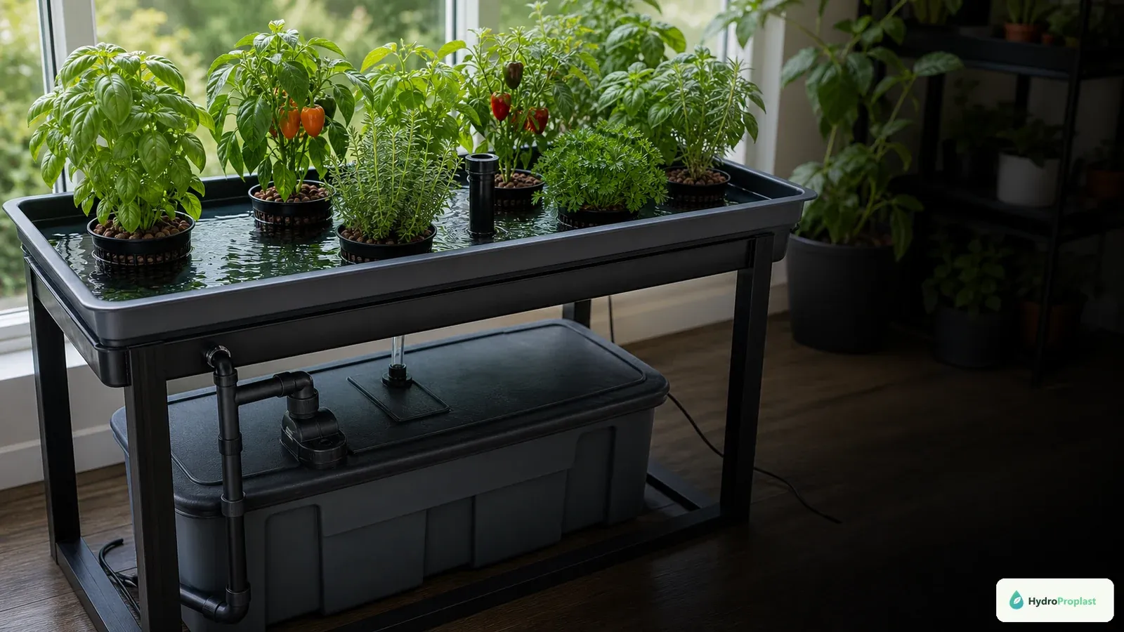 Media-filled pots sit in a flood tray with a visible standpipe, pump supply, drain path, and reservoir below.