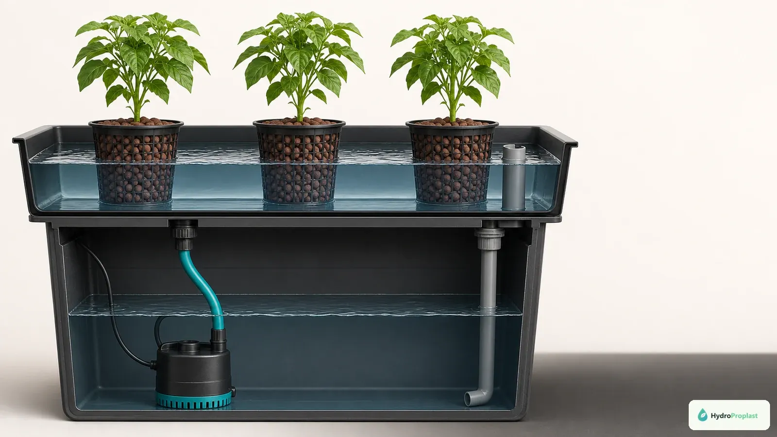 Cutaway flood tray shows temporary nutrient depth controlled by a standpipe while media pots wet from below without submerging plant crowns.