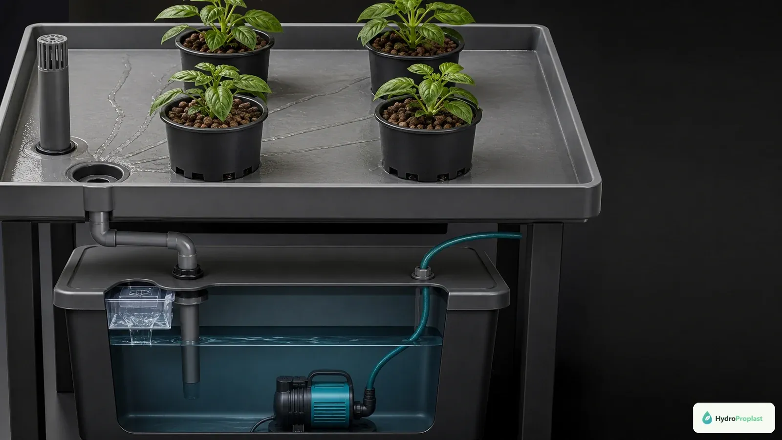 Ebb-and-flow tray drains completely through a sealed return into an opaque reservoir with enough freeboard for all returning solution.