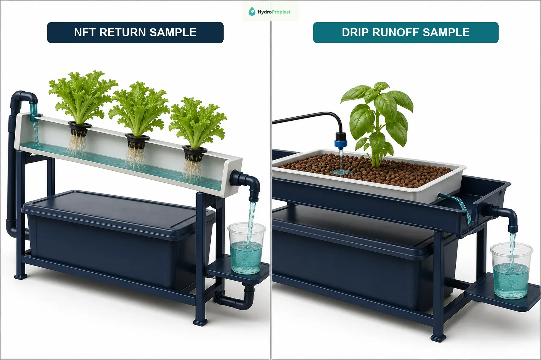 Clean EC samples collected from an NFT return line and from recirculating drip-system runoff after the root zone.