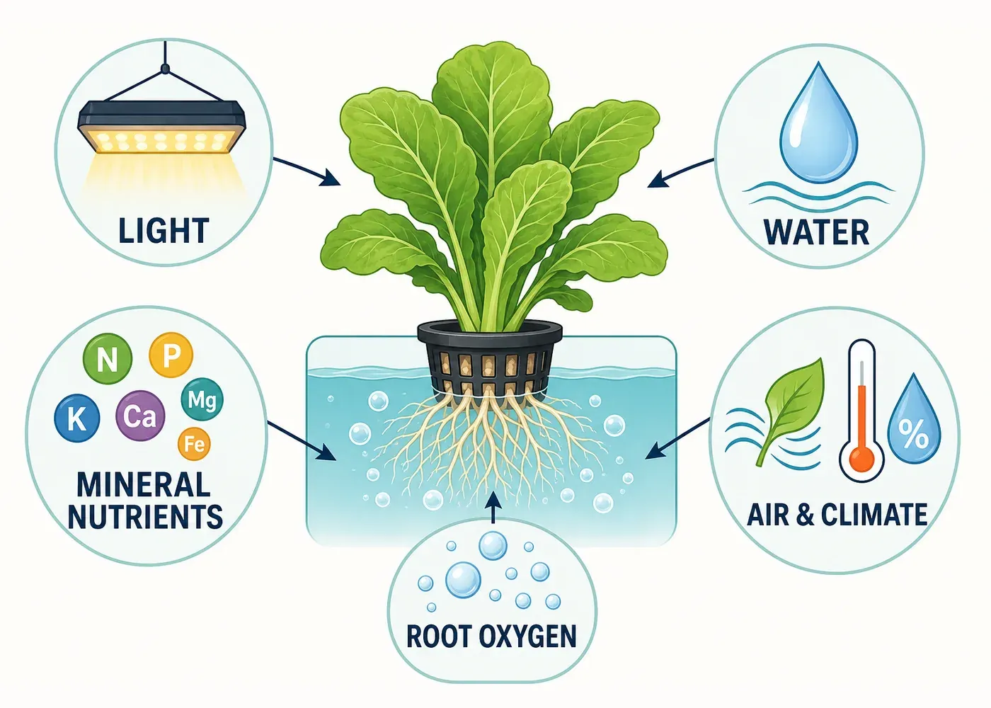 Five essentials hydroponic plants need: light, water, nutrients, oxygen, and suitable growing conditions