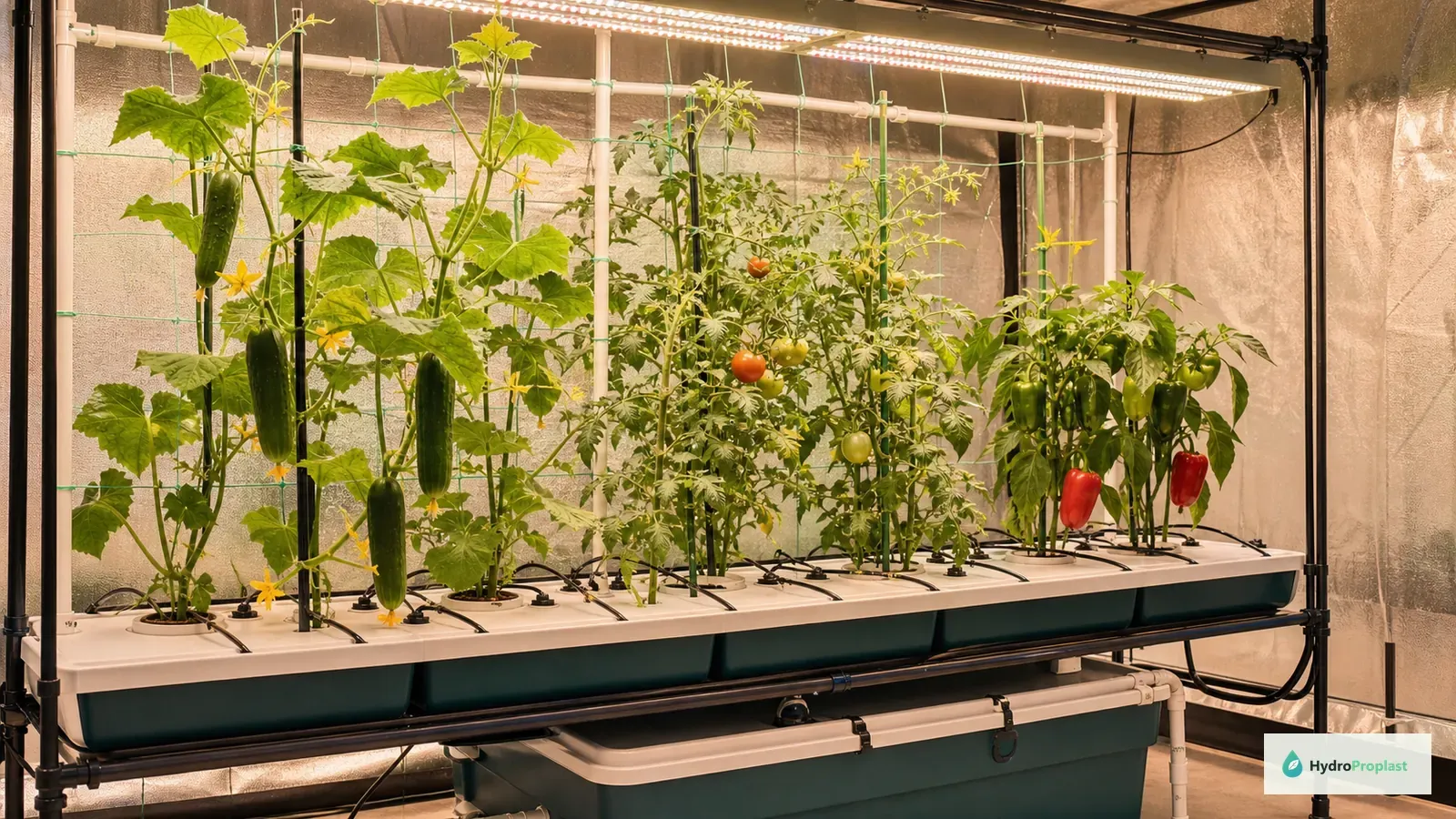 Hydroponic cucumbers, tomatoes, and peppers growing with trellis support and strong lights.