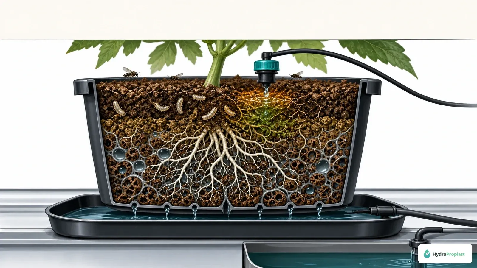 Cutaway of fungus gnat adults and larvae in persistently wet drip-system growing media