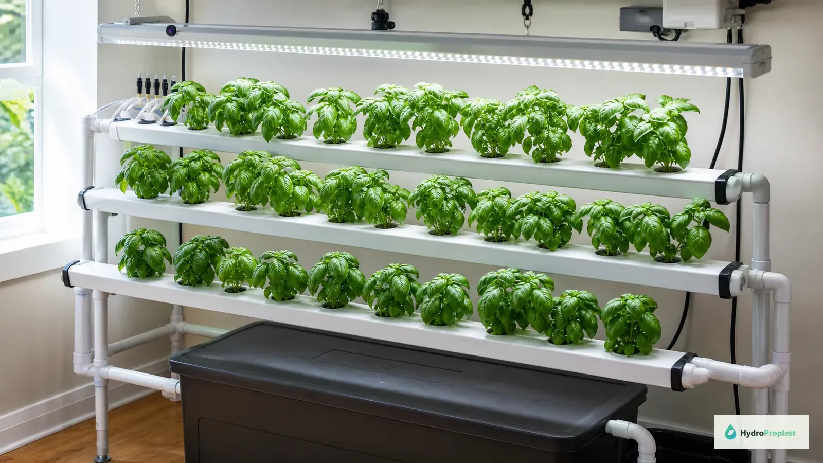 Healthy basil growing in a compact NFT system with sloped channels, supply line, return line, and covered reservoir.