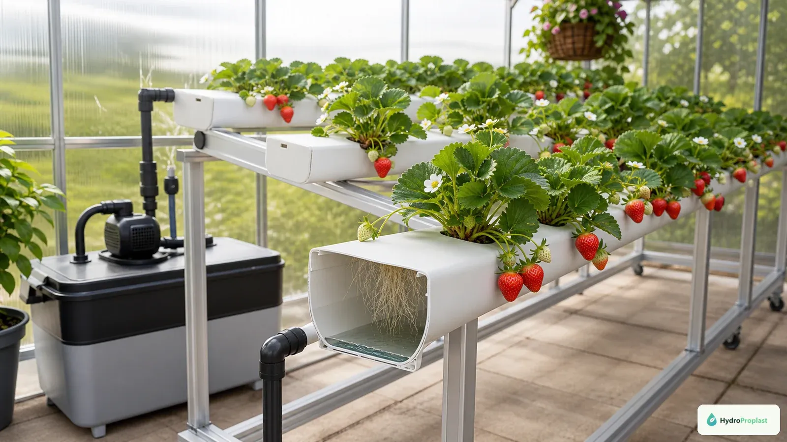 Strawberries grow in sloped NFT channels with crowns above the openings and a shallow recirculating nutrient film below.