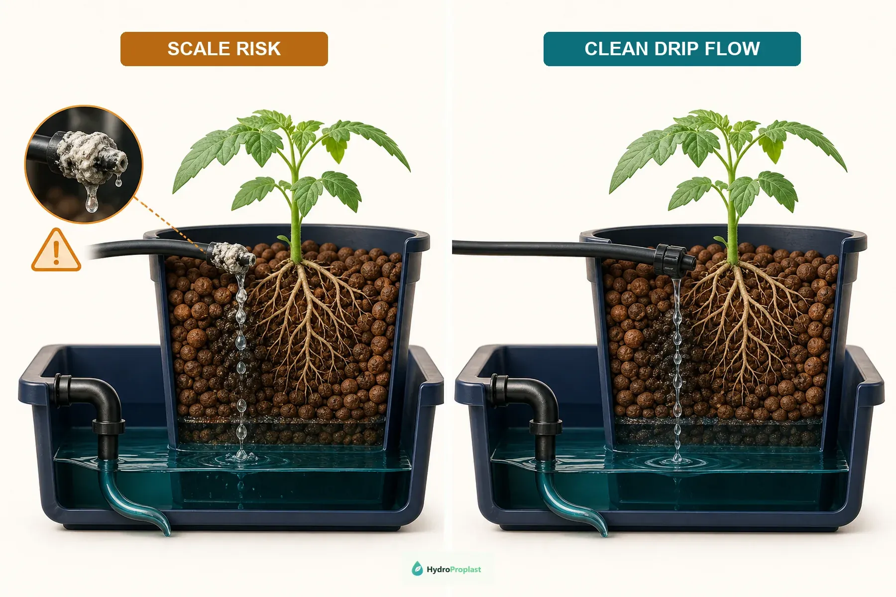 Mineral-scaled hydroponic drip emitter compared with a clean emitter, both delivering solution to growing medium above a drainage tray.