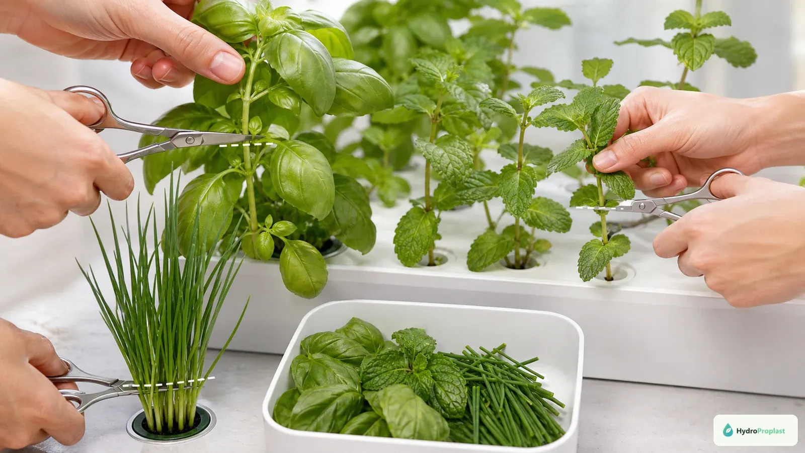 Basil, mint, and chives are cut at suitable growing points with clean scissors for continued regrowth.