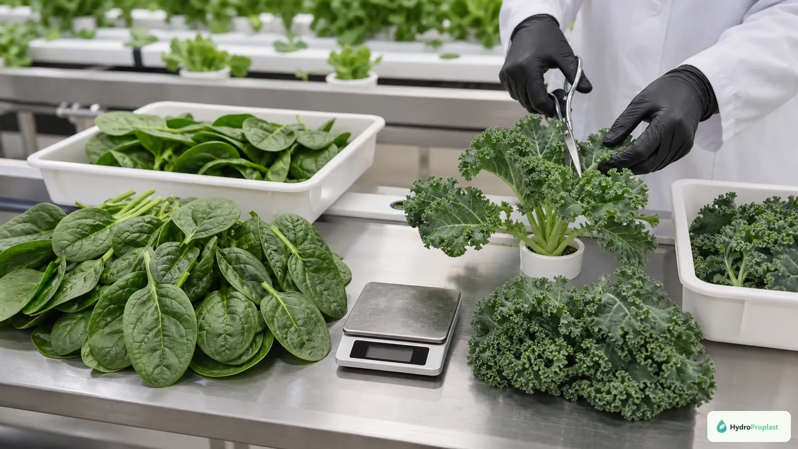 Grower harvesting outer petioles from a healthy hydroponic leafy green rosette.