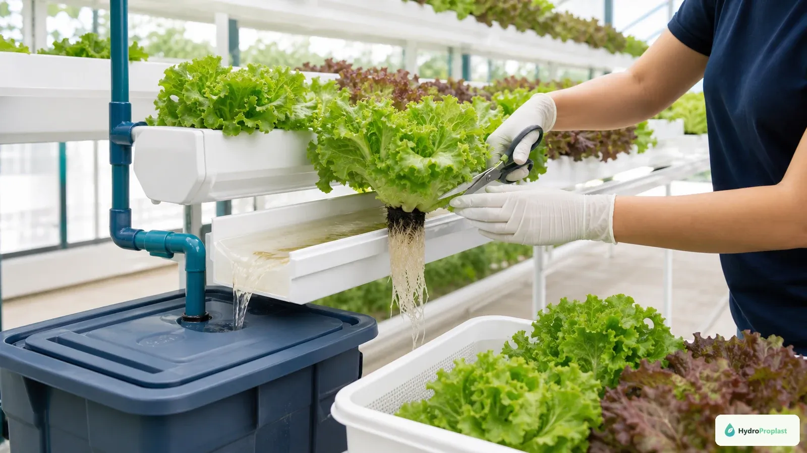 Grower harvesting lettuce from a recirculating NFT hydroponic channel into a clean food-safe tray.