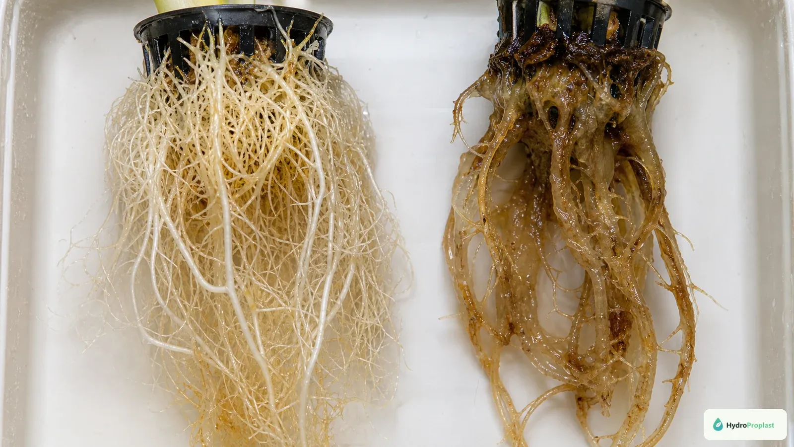 Healthy branching hydroponic roots compared with brown slimy decaying roots.