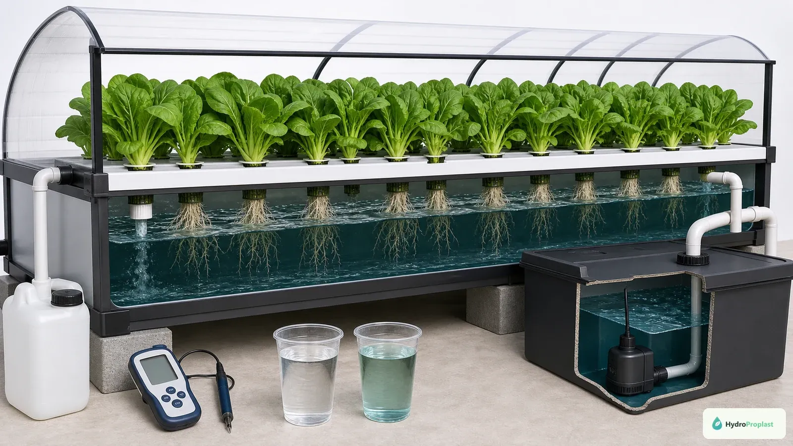 Source-water and return-water samples are compared beside a recirculating DFT leafy-green system.