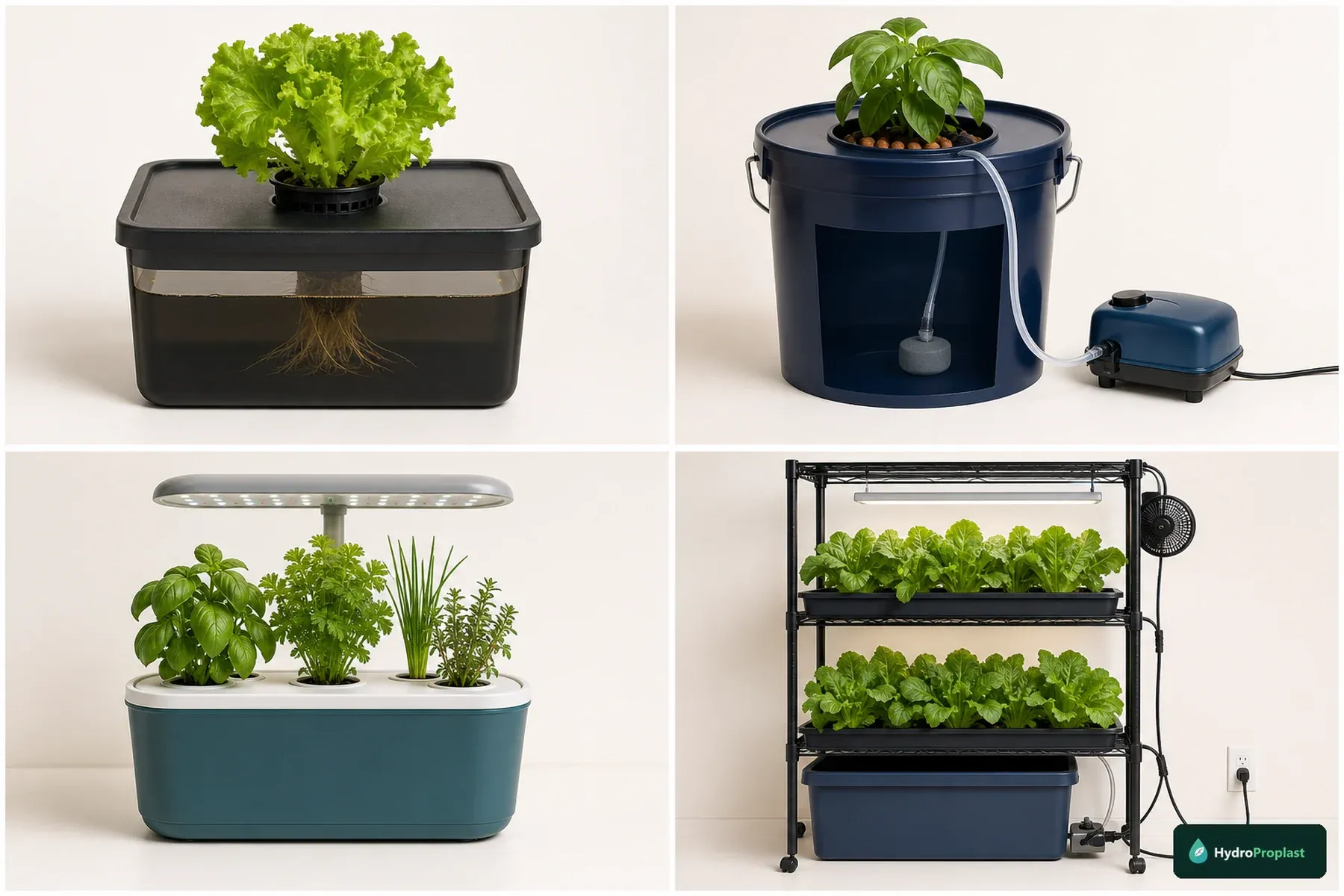 Four home hydroponic starter setups comparing Kratky, DWC, countertop kit, and indoor rack systems