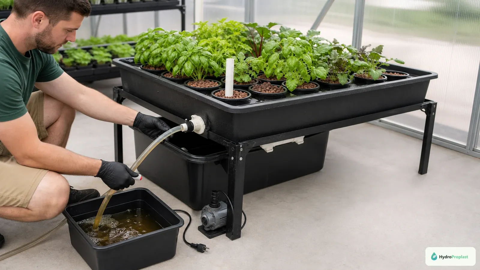Grower drains old nutrient solution from an Ebb and Flow tray into a separate collection container.