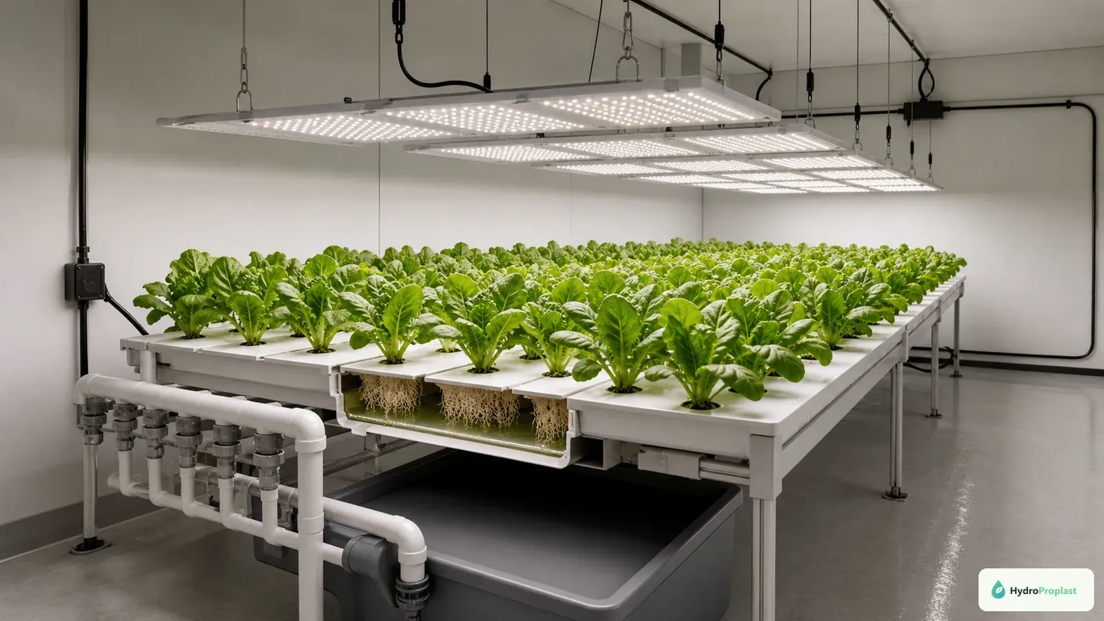 White full-spectrum LED panels illuminate an even leafy-green canopy above shallow-flow NFT channels.