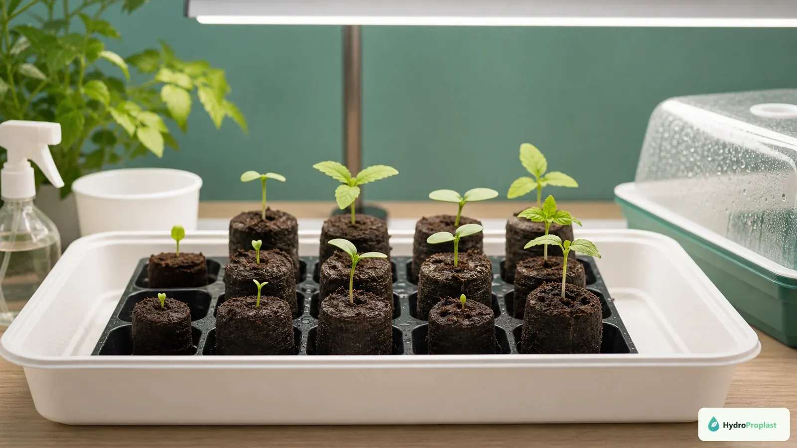 Hydroponic seedlings germinating in individual moist starter plugs on a clean indoor propagation tray