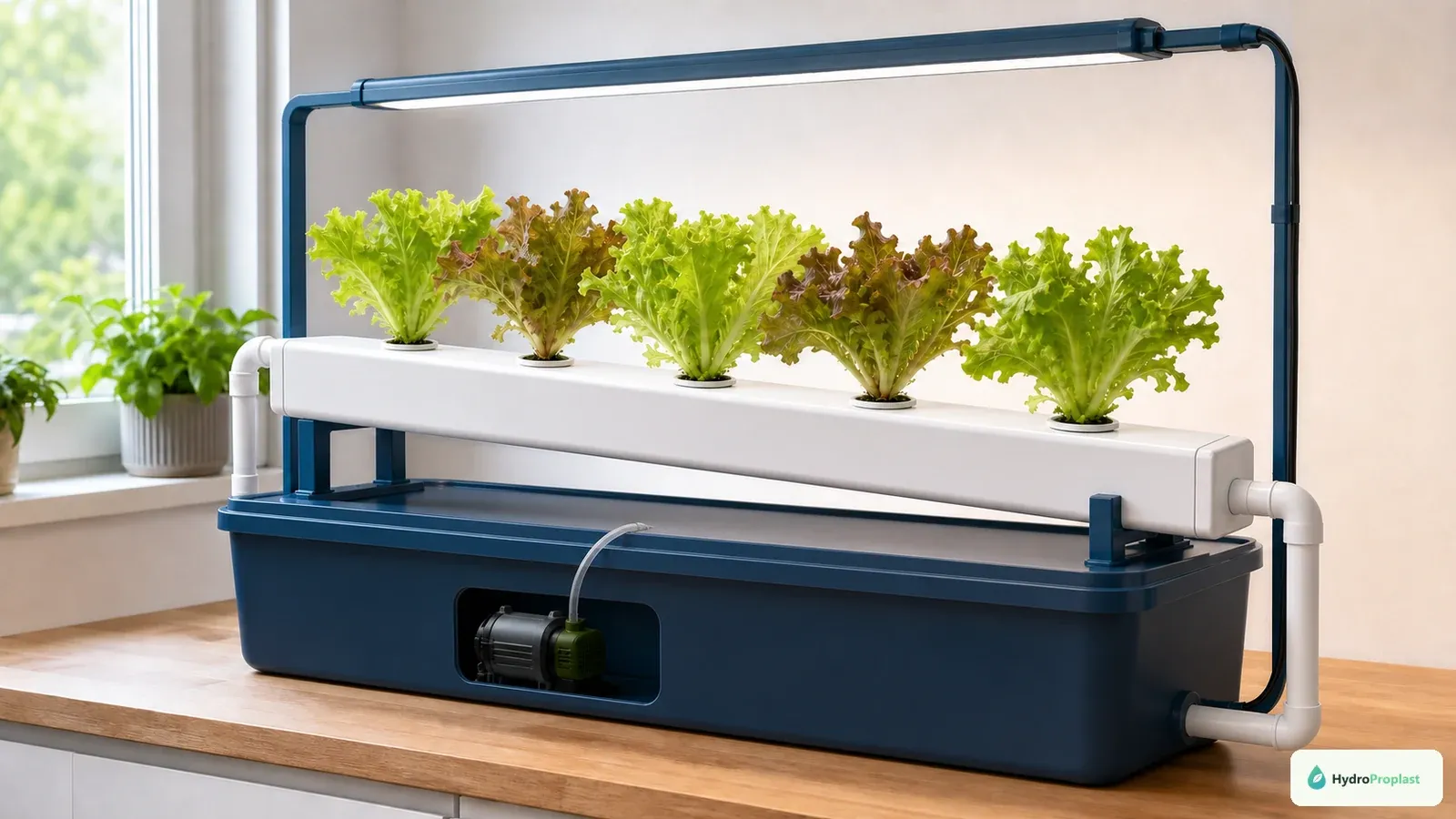 Compact home NFT system growing spaced lettuce with a covered reservoir, supply line, and gravity return.
