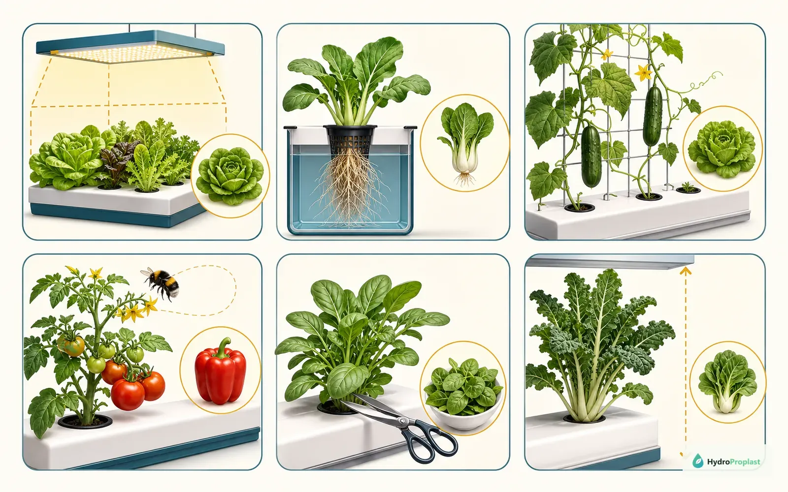 Visual guide showing hydroponic crop selection factors such as light, root volume, support, pollination, harvest, and height.