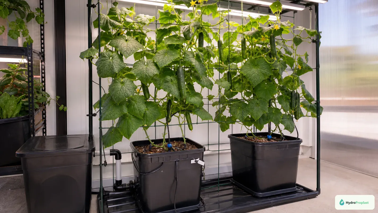 Hydroponic cucumber vines climb a sturdy trellis above drip-fed Dutch buckets with recirculating drainage.