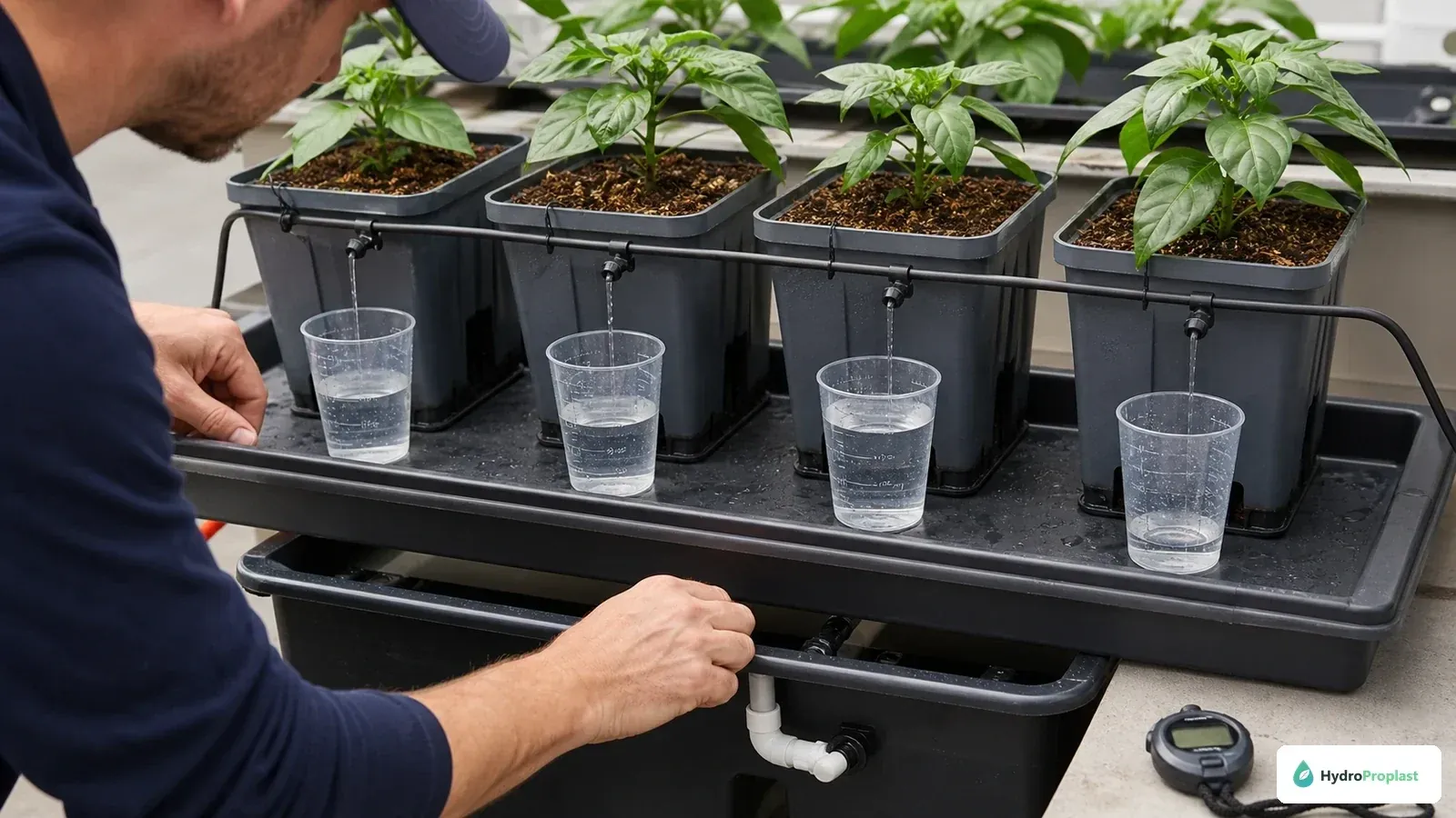 Grower compares hydroponic drip-emitter output in equal catch cups beside pepper plants.