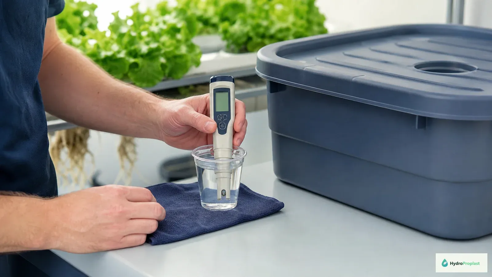 Grower measuring electrical conductivity in a separate nutrient-solution sample beside a covered hydroponic reservoir.