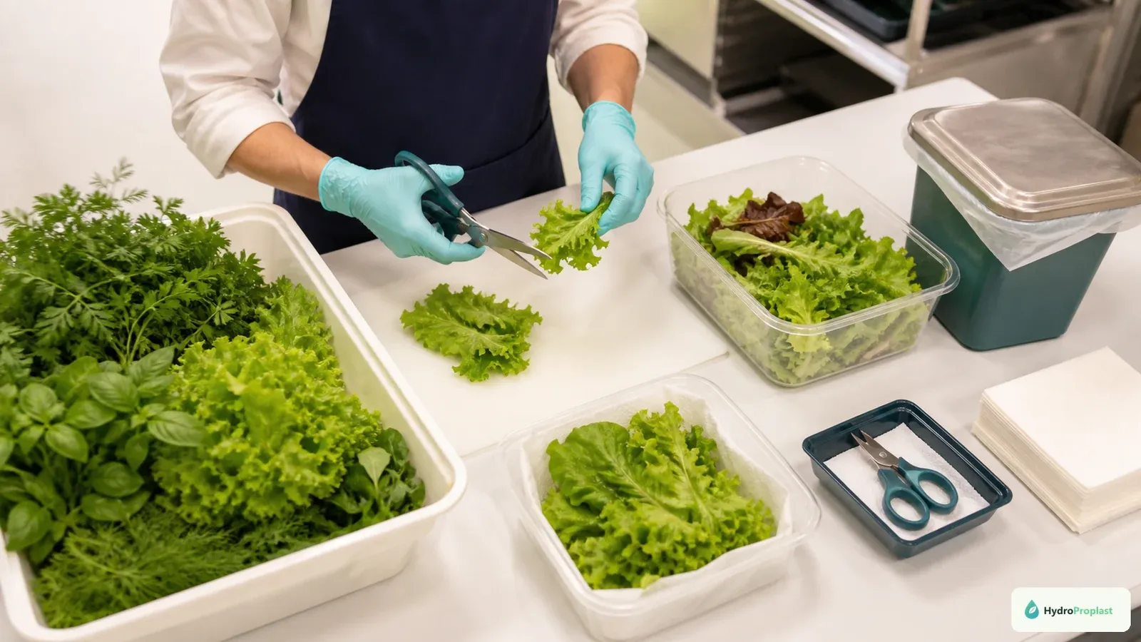 Clean hydroponic harvest station with gloved hands, sanitized scissors, food-safe bins, towels, and fresh greens.