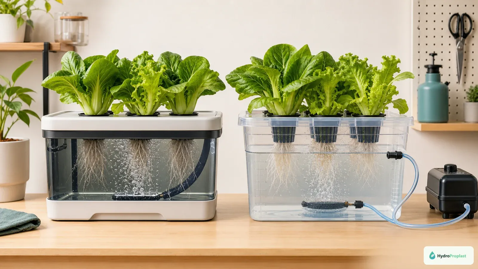 Unbranded countertop DWC kit and DIY DWC setup growing similar leafy greens with active aeration.