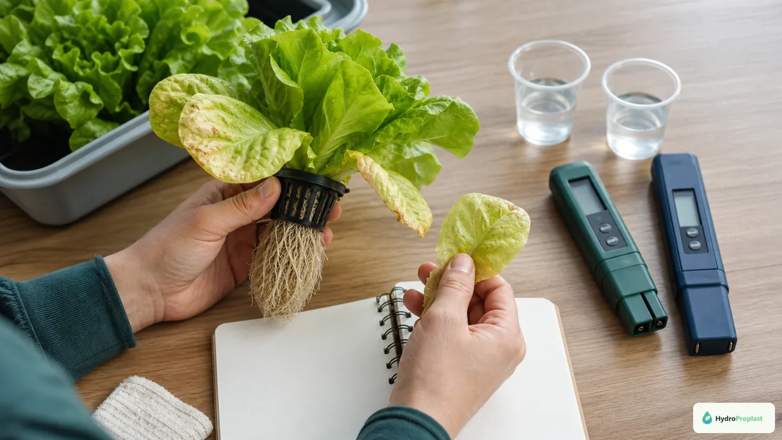 Grower compares old and new lettuce leaves, roots, pH and EC samples before diagnosing a nutrient problem.