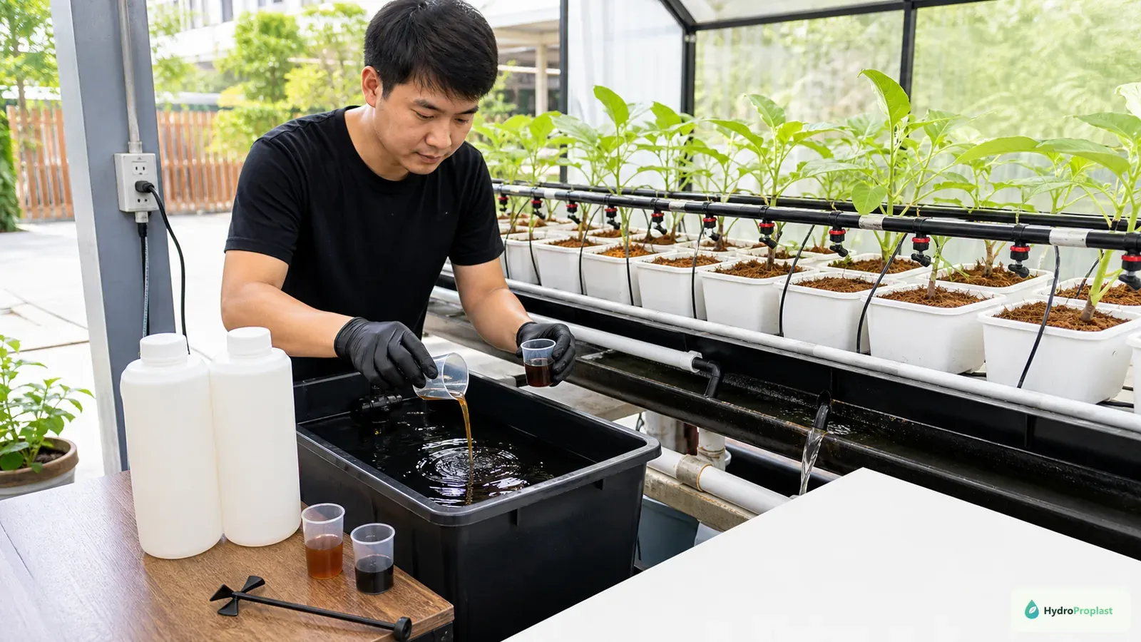 Grower adds two-part nutrients separately to the reservoir of a recirculating drip hydroponic system.