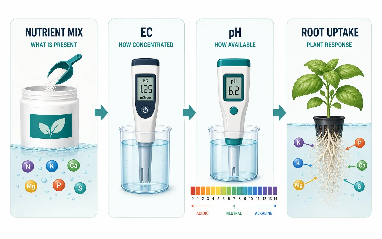 Hydroponic nutrient solution infographic explaining nutrients, pH, and electrical conductivity