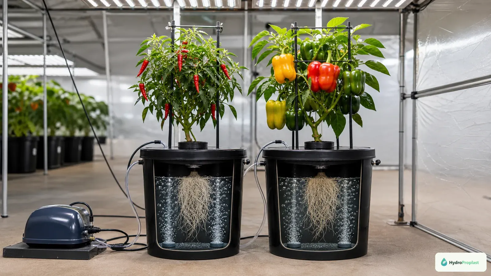 Compact chili and bell pepper plants grow in aerated DWC buckets with external air pumps and branch supports.