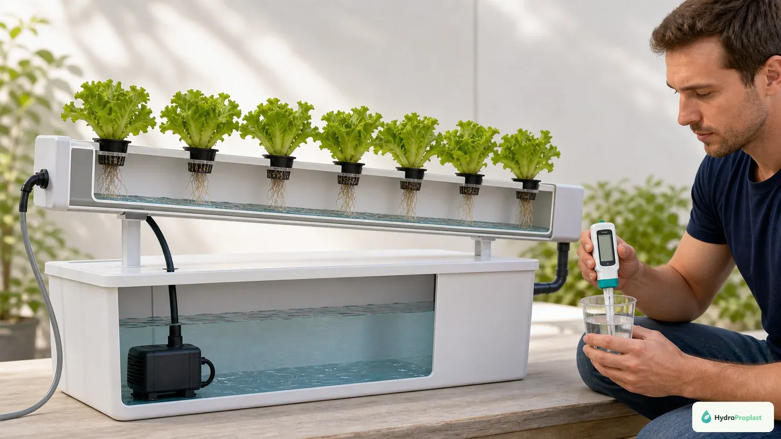 Grower checks a return-water sample beside a recirculating NFT lettuce channel with a shallow nutrient film.