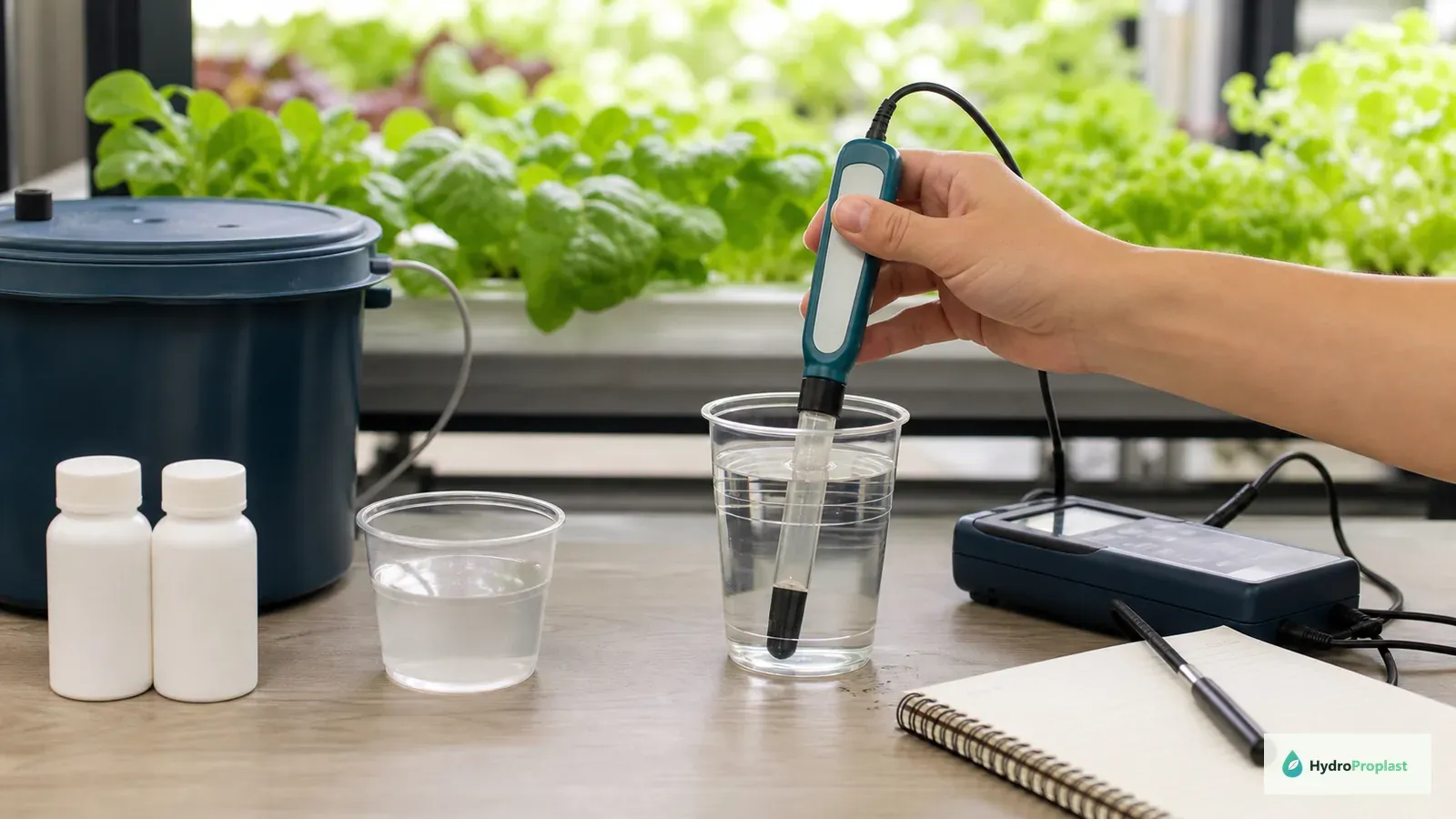Calibrated pH meter measuring a clean hydroponic nutrient-solution sample beside healthy plants and a covered reservoir.