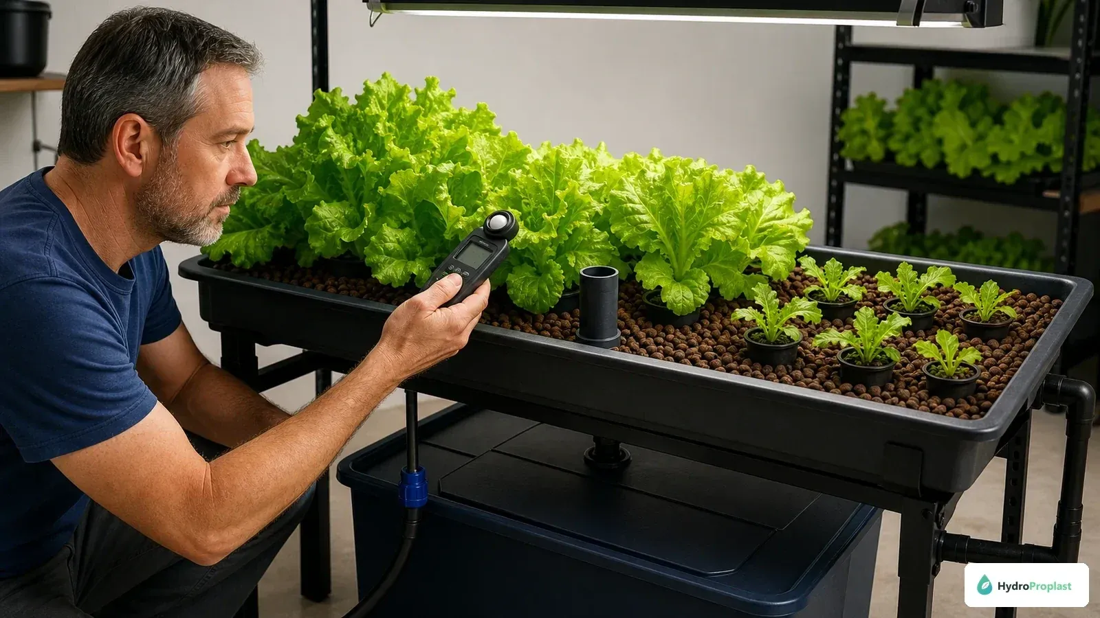 Grower compares healthy and slow lettuce in an ebb-and-flow tray while measuring canopy light.