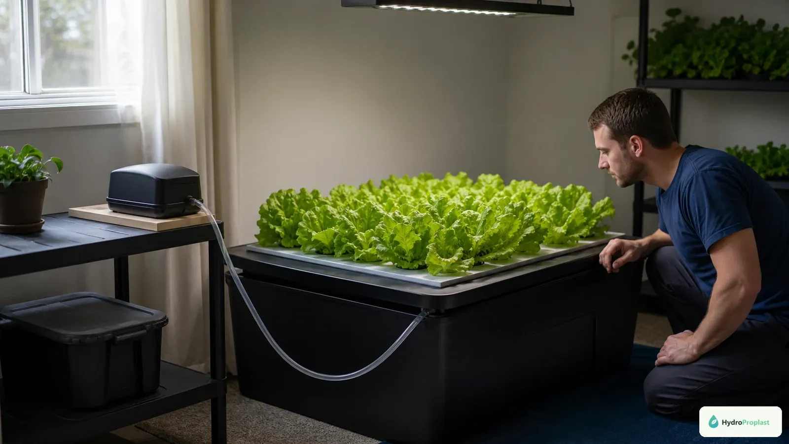 Grower checks a DWC lettuce system supported by a dry, elevated battery air pump during a power outage.