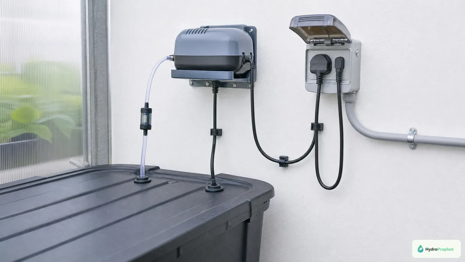 Hydroponic pump wiring uses an elevated covered outlet, drip loops, and a check valve away from the reservoir.