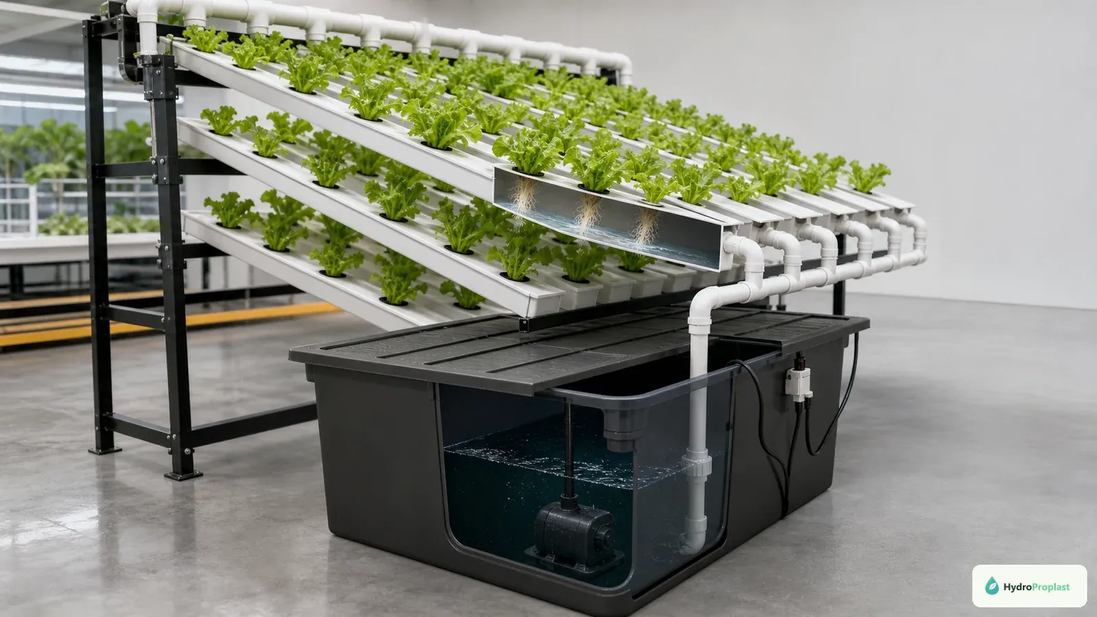 A complete NFT rack connects shallow sloped channels to a properly sized opaque reservoir below.
