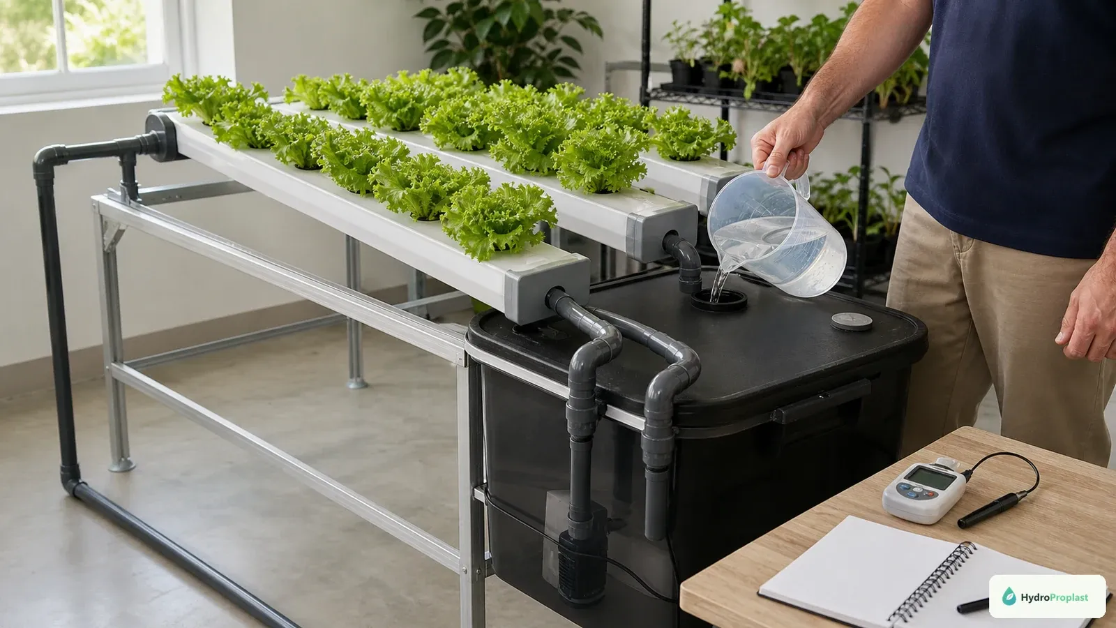 Grower pours a measured top-up into the covered reservoir of a complete recirculating NFT lettuce system.