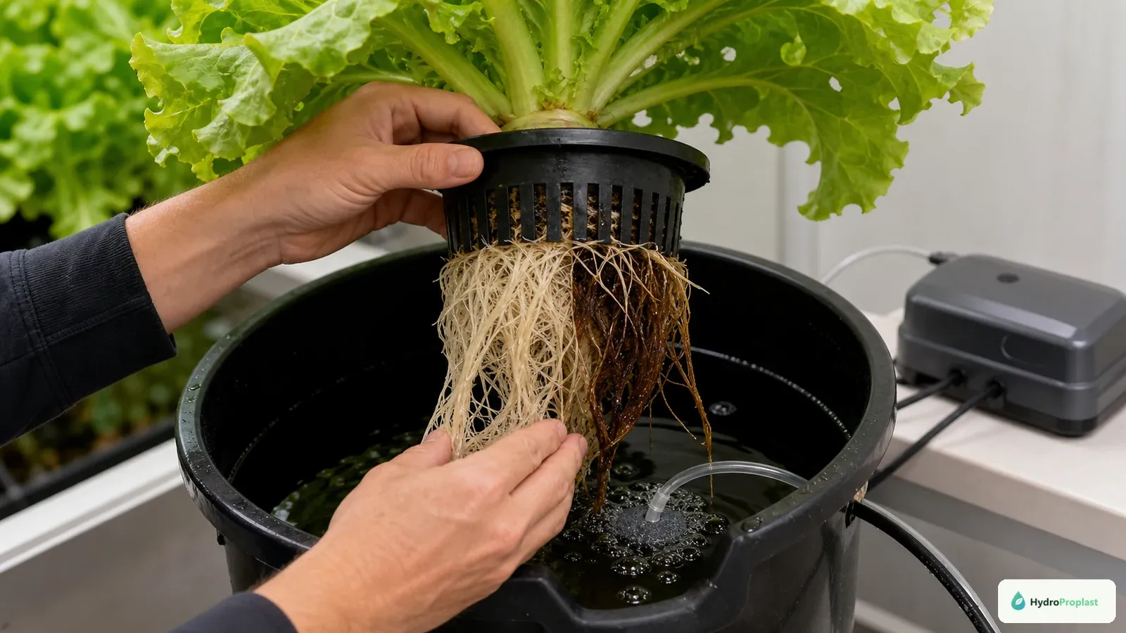 Grower compares healthy and decaying roots while checking an aerated DWC reservoir.