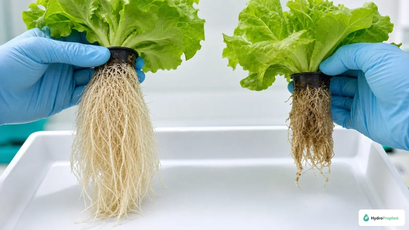 Side-by-side inspection of healthy pale hydroponic roots and stressed brown roots.
