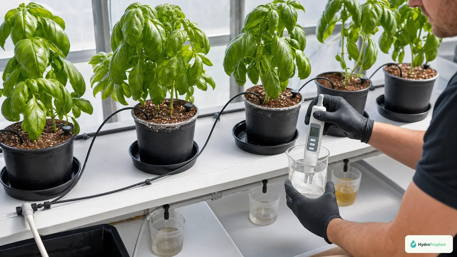 Grower checks EC in a media-based drip system with subtle mineral deposits around pots and emitters.