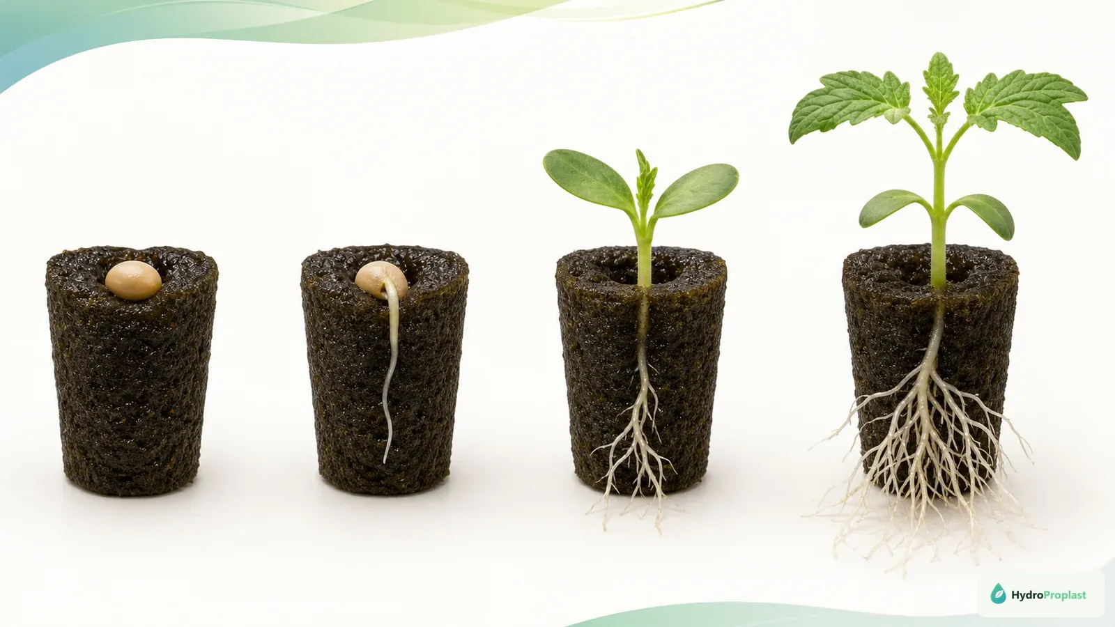 Seed germination stages from an emerging root to cotyledons and the first true leaves in starter plugs