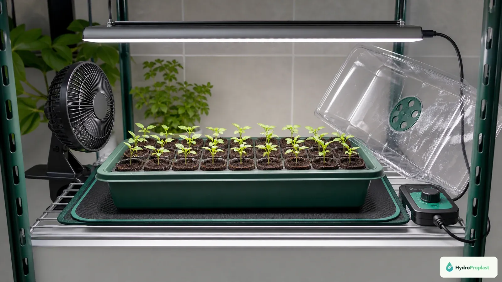 Seedling tray under an LED grow light with a vented dome, gentle airflow, and safely positioned controls