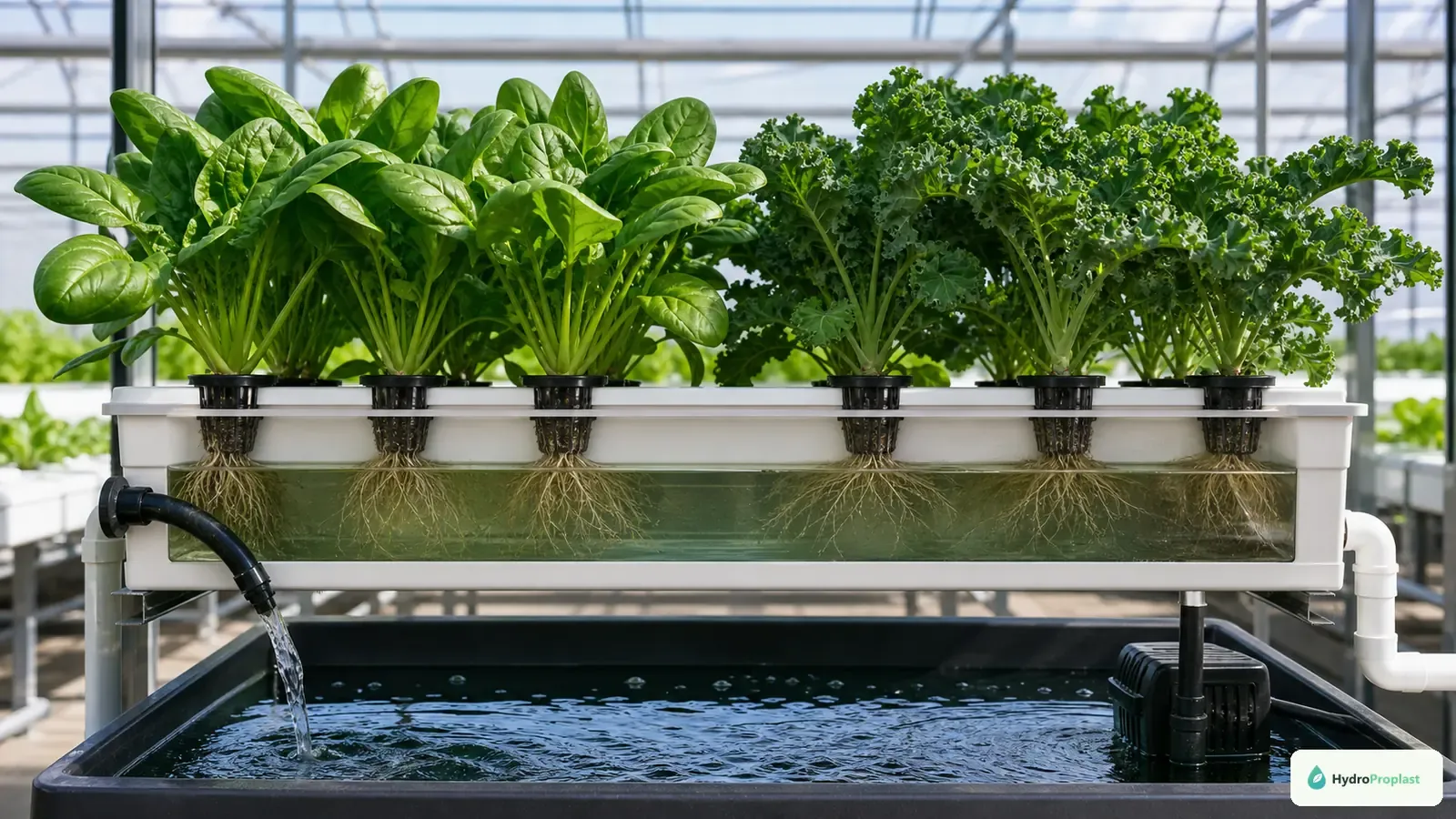 Compact leafy Asian greens growing in a clean home recirculating hydroponic setup.
