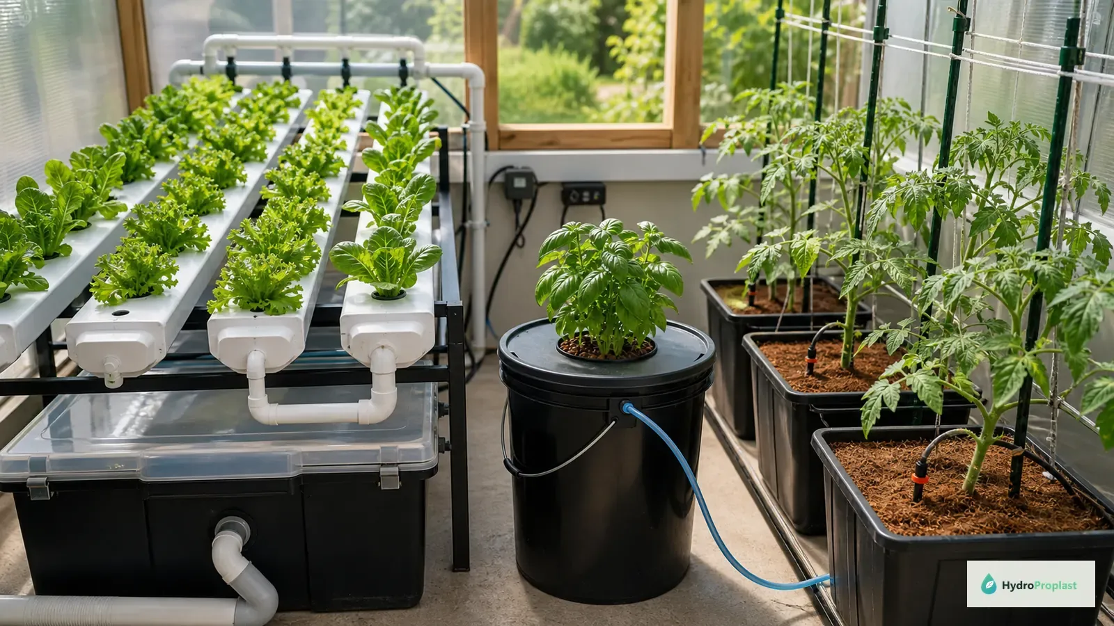 Three recognizable home hydroponic systems showing NFT lettuce channels, a DWC basil bucket, and drip-fed tomatoes.