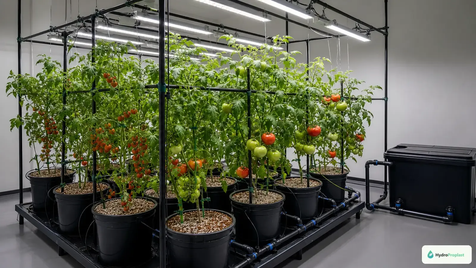Indoor hydroponic tomato plants with developing fruit clusters in a recirculating drip system.
