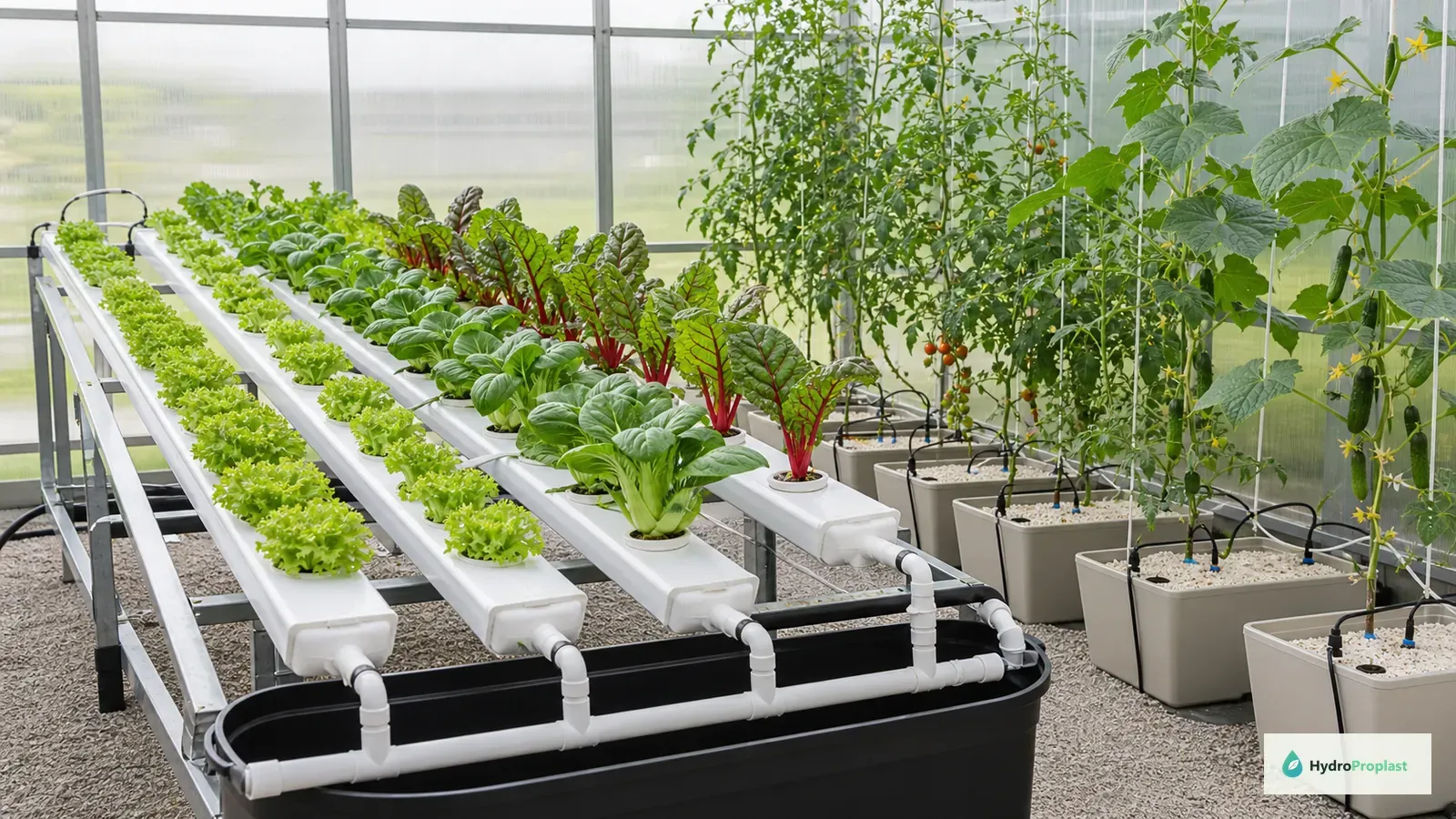 Beginner leafy vegetables growing in NFT channels with trellised tomatoes and cucumbers in separate drip-fed containers.