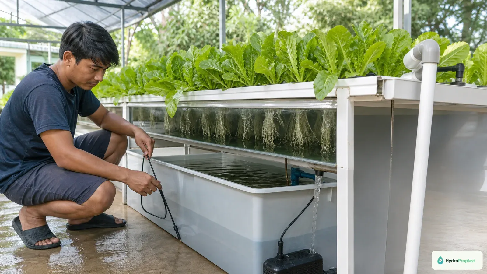 Grower checks nutrient-solution temperature beside a recirculating DFT leafy-green system.