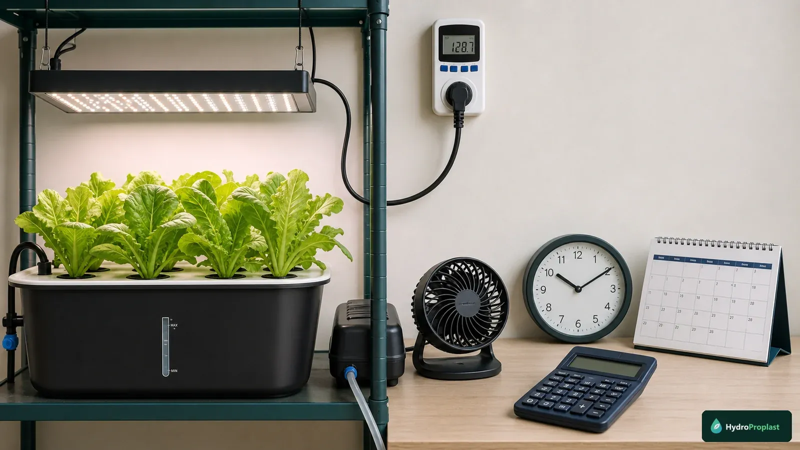 Indoor hydroponic light connected to an energy meter beside a clock, calendar, and calculator