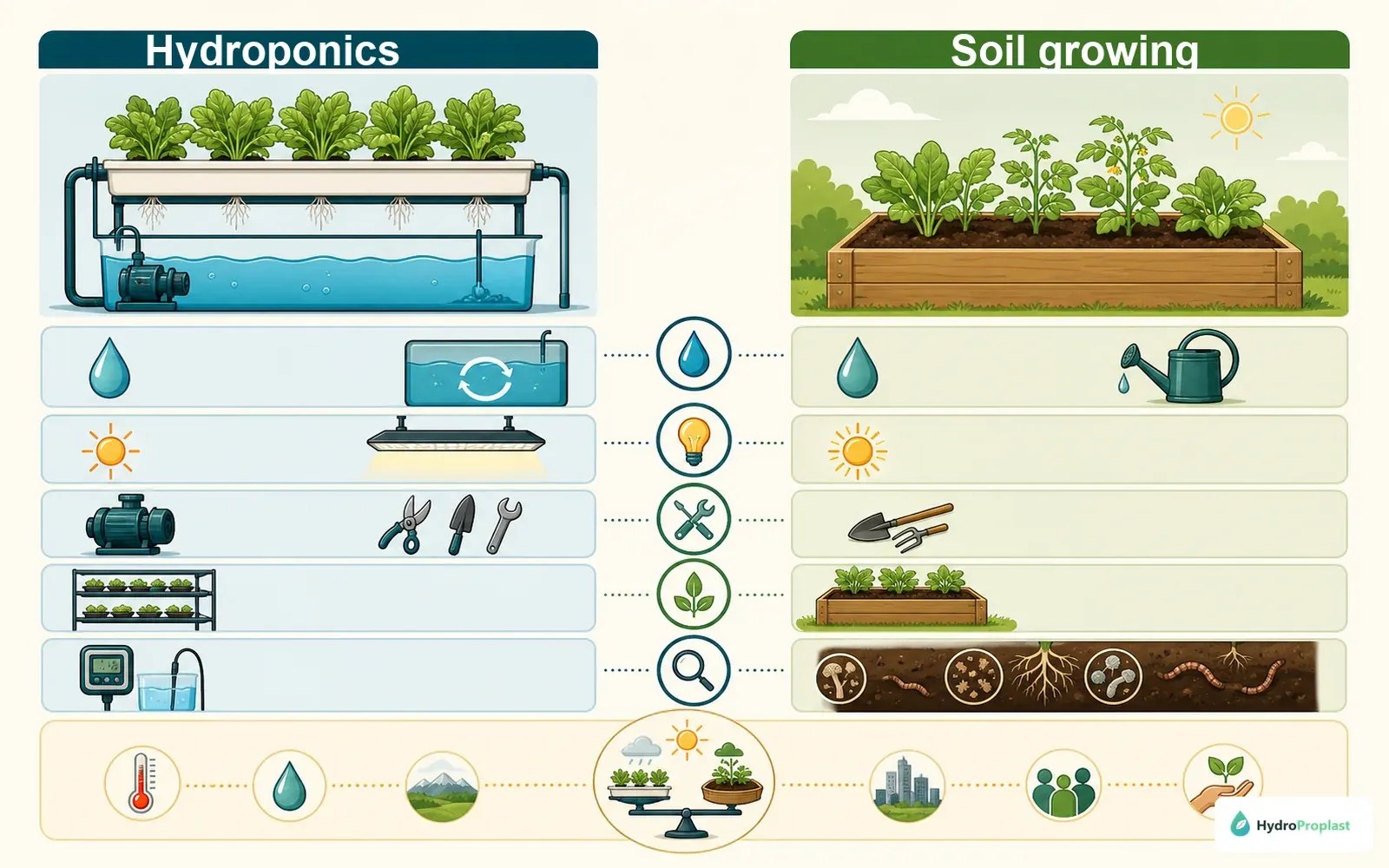 Balanced visual comparison of water, energy, space, tools, and monitoring in hydroponic and soil growing